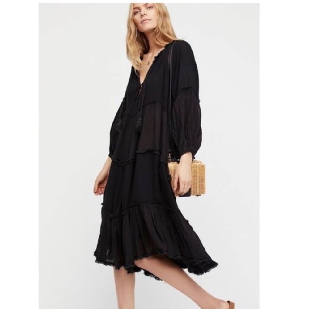 Free People In The Moment Cotton Gauze Black Tiered Midi Dress Size Small
